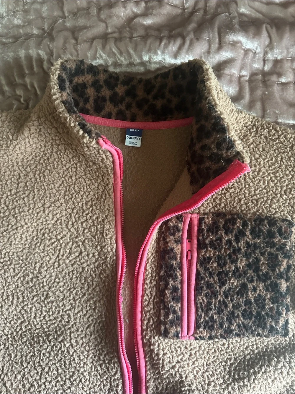 Old Navy Beige Sherpa Jacket with Pink Trim and Leopard Pocket